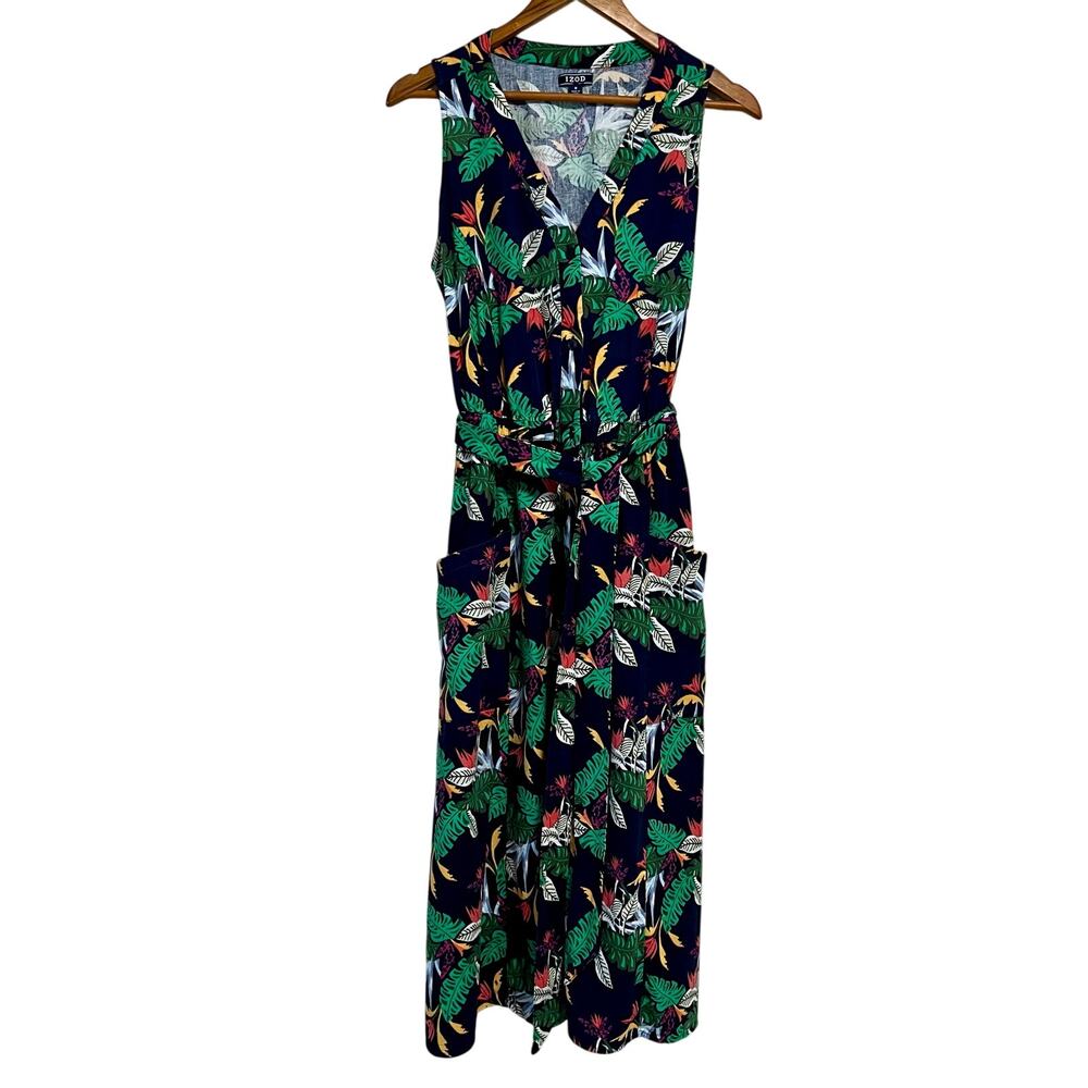 IZOD Linen Blend Tropical Print Sleeveless Midi Dress Womens M Belted Pockets